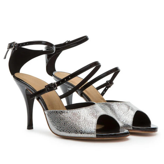 Silver Shimmer T-Strap Tango Heels | TG004