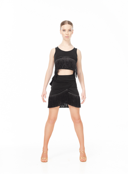 Women’s Black Fringe Crepe Skirt | DanceMe UL748