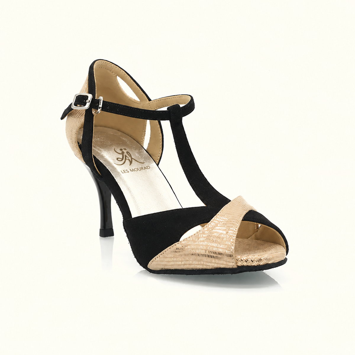 Aurelia black and gold tango heel with Les Mourad logo on the insole