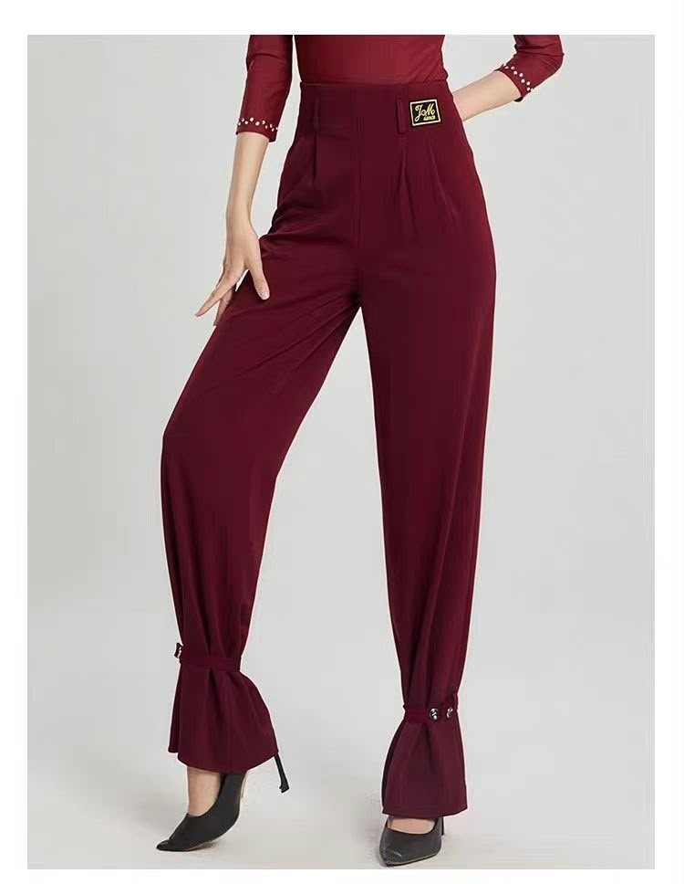 Burgundy ankle-tie Latin dance trousers – front detail