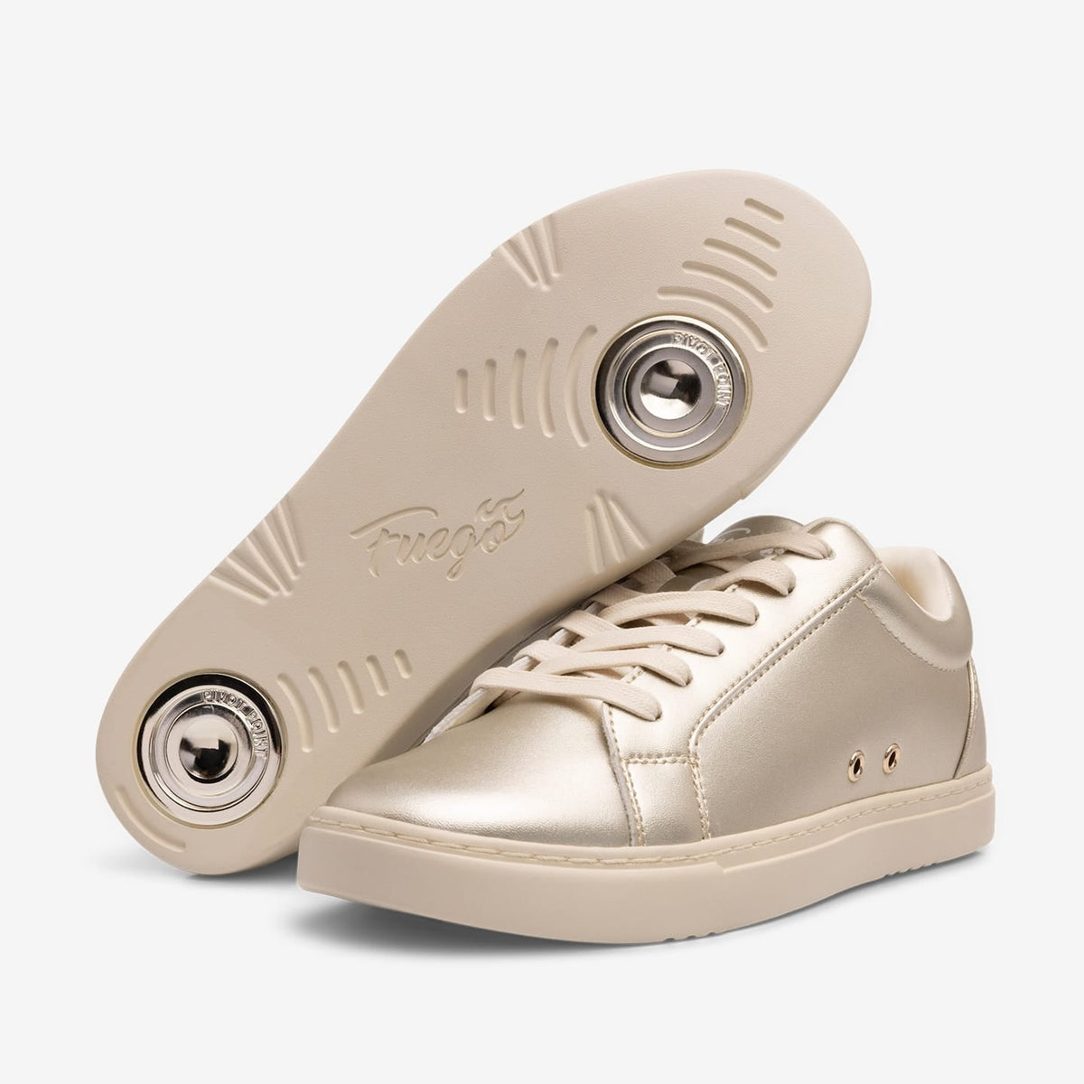 Fuego Champagne low-top dance sneakers with a subtle champagne sheen and gold flame logo