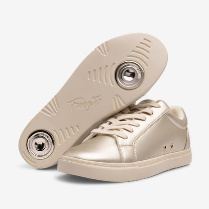 Fuego Champagne low-top dance sneakers with a subtle champagne sheen and gold flame logo