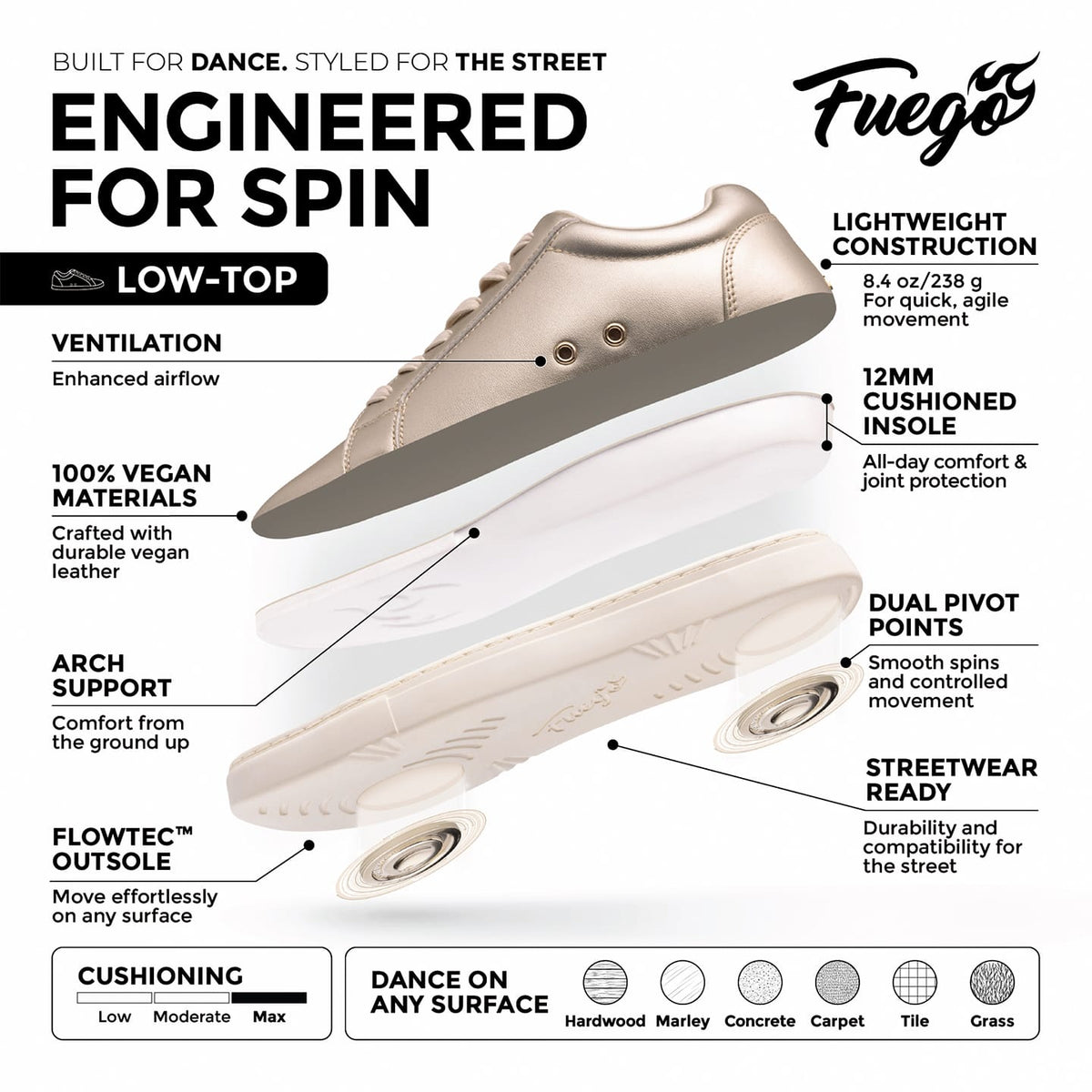 Fuego Champagne low-top dance sneakers with a subtle champagne sheen and gold flame logo