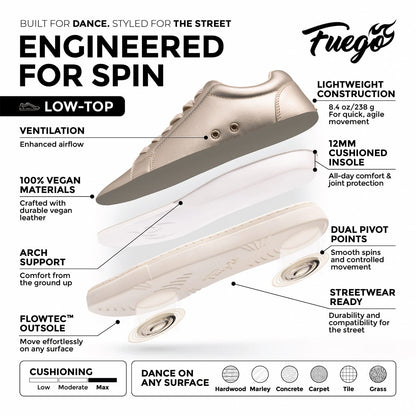 Fuego Champagne low-top dance sneakers with a subtle champagne sheen and gold flame logo