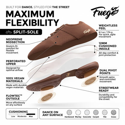 Fuego Mocha split-sole dance sneakers in warm brown with gold details