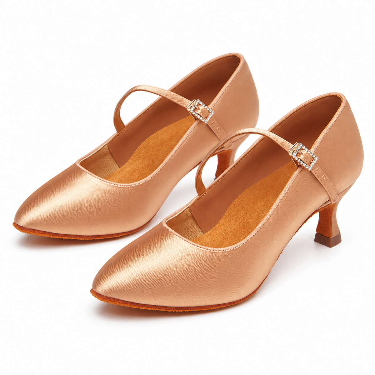 Grace 183 tan satin ballroom shoes, pair on a white background