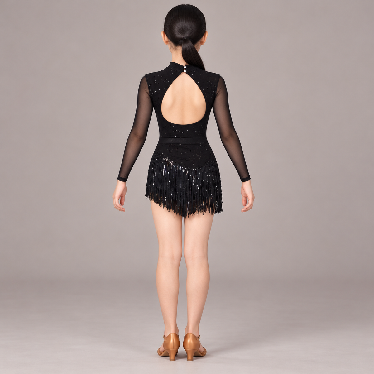 Junior Black Sequin Fringe Latin Dress | 115 — back view on a junior model