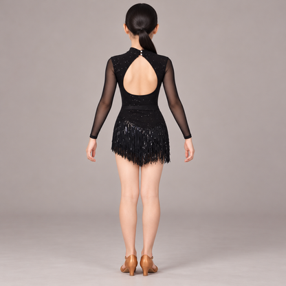 Junior Black Sequin Fringe Latin Dress | 115 — back view on a junior model