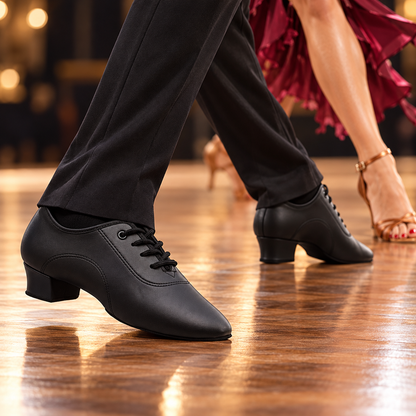 Model 201 black men's Latin dance shoes worn while dancing with a partner