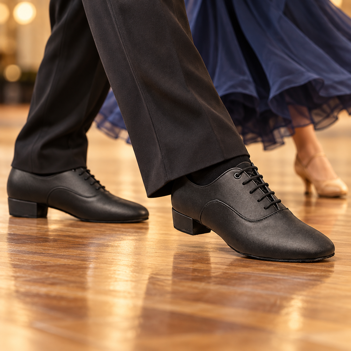 Model 202 black men's ballroom dance shoes worn while dancing with a partner